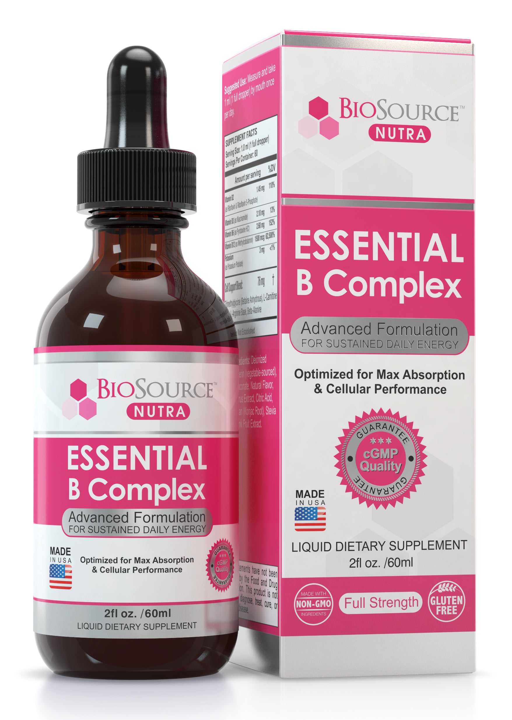 BioSource Nutra Essential B Complex liquid drops with methyl B12, 2 fl oz bottle and box
